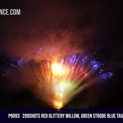 209Shots Red glittery willow, green strobe blue tail, Ti-willow and lemon