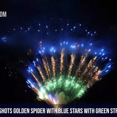 100Shots Golden spider with blue stars with green strobe bouquet