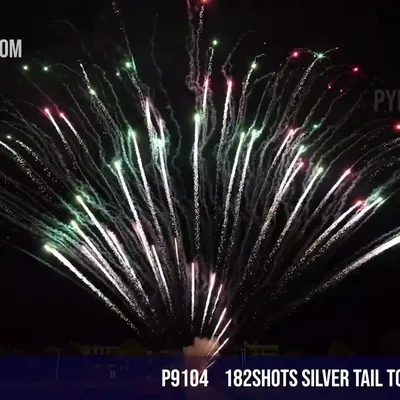182Shots C Cake Silver brocade tail to red green strobe /20Seconds
